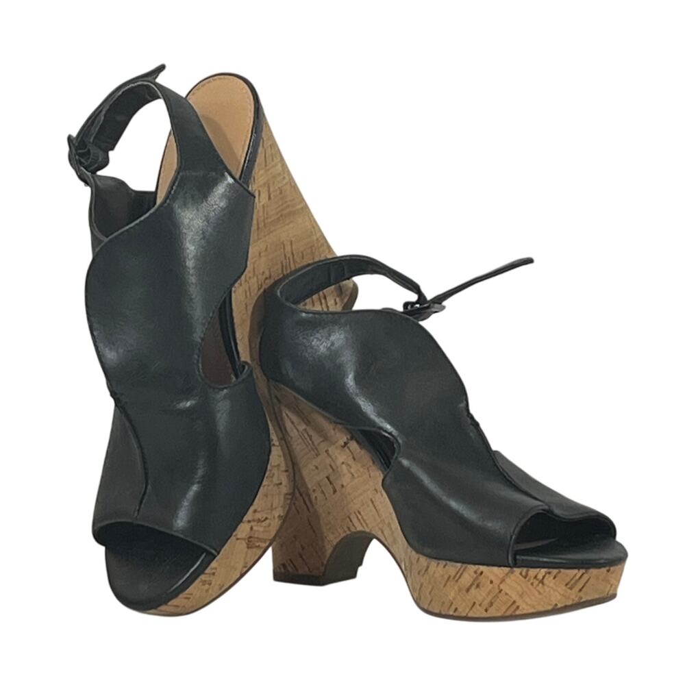 Franco Sarto Black Leather Peep Toe Cork Wedge Sandals Womens 6.5